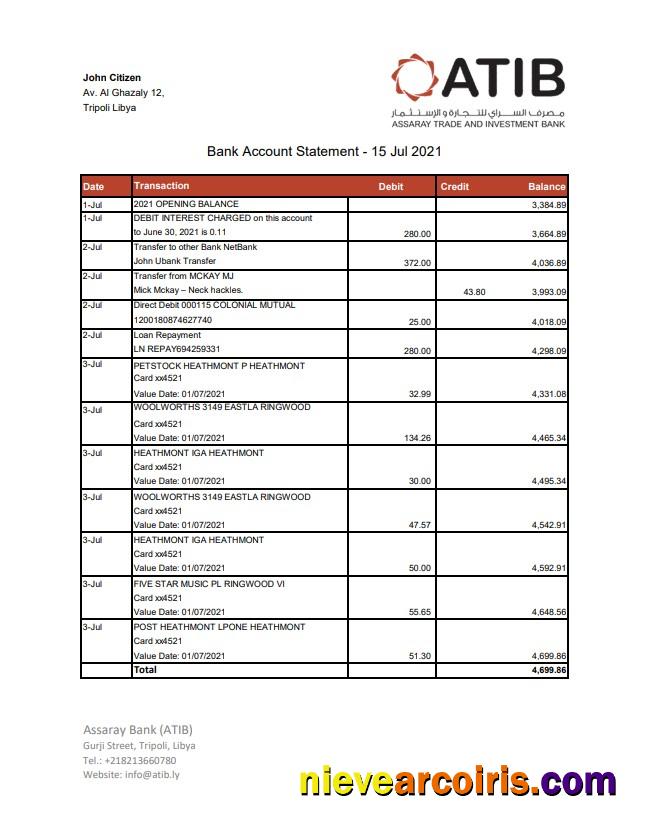Libya Assaray Bank (ATIB) statement easy to fill in Excel and PDF format